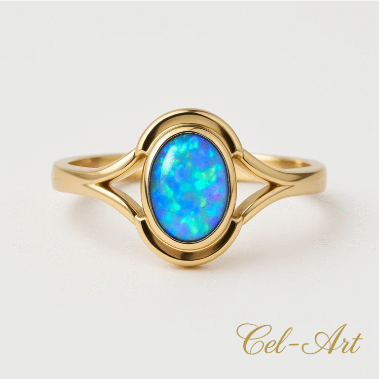złoty pierścionek 585 z opalem australijskim niebieskim