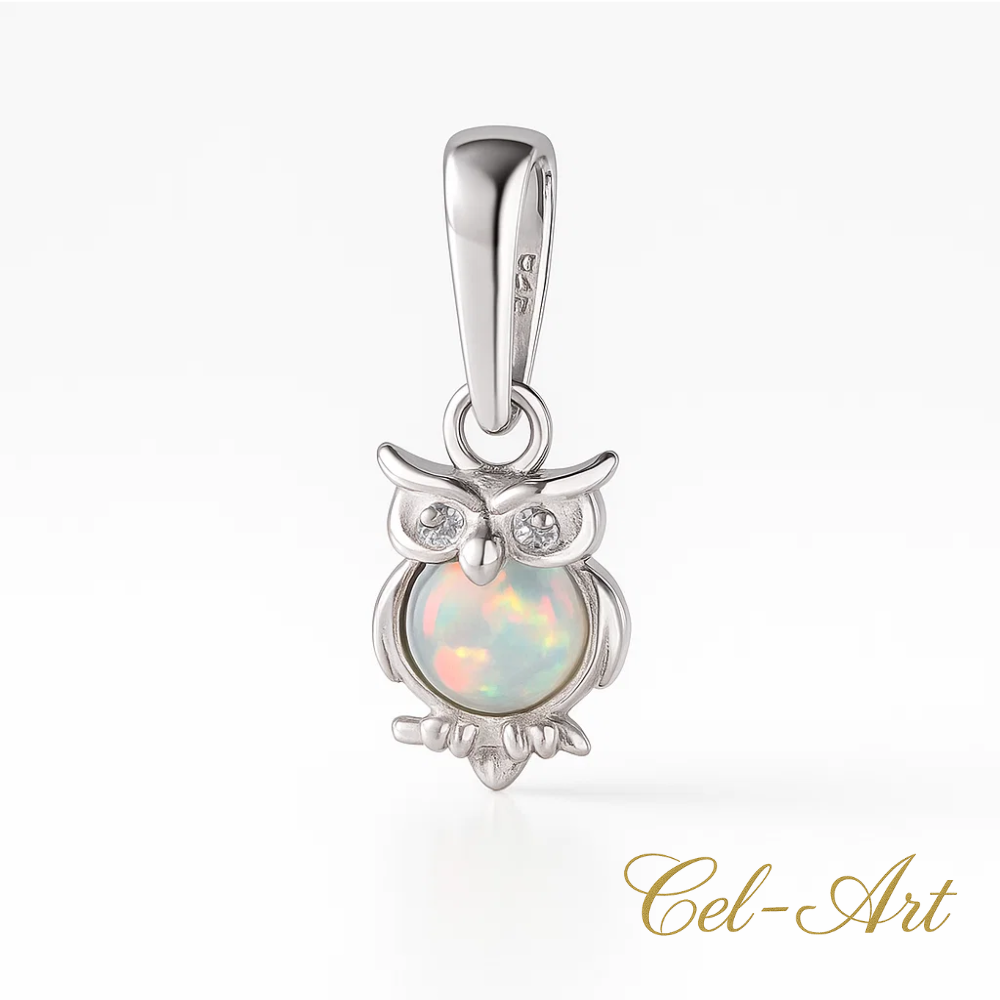 Srebrny wisiorek 925 sowa sówka z opalem białym na środku