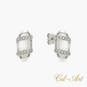 Srebrne kolczyki 925 o kształcie elipstycznym z cyrkoniami i masą perłową