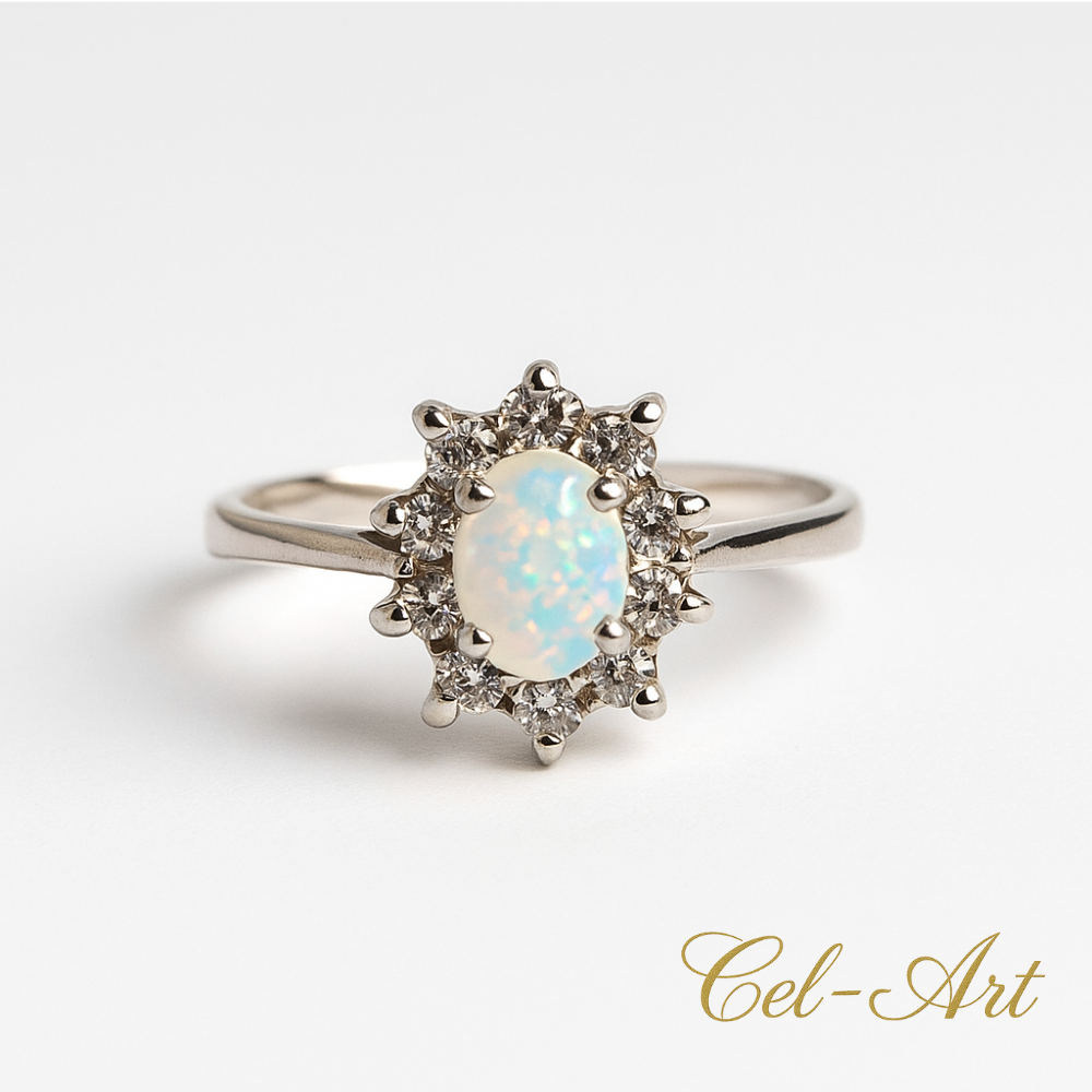 biżuteria z opalem pierścionek srebro 925 z opalem otoczony cyrkoniami – Busko-Zdrój Cel-Art